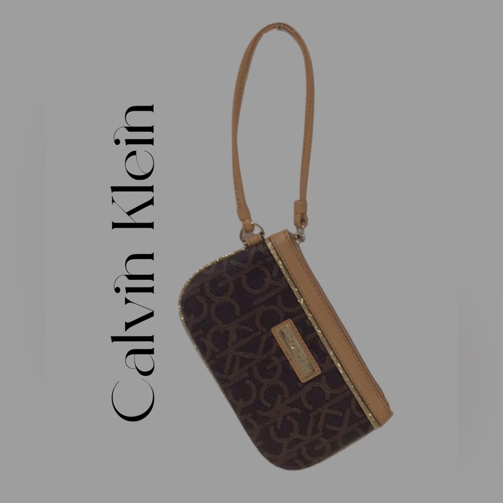 CALVIN KLEIN Wristlet Brown Monogram Logo Print Tan Trim Metallic Accent